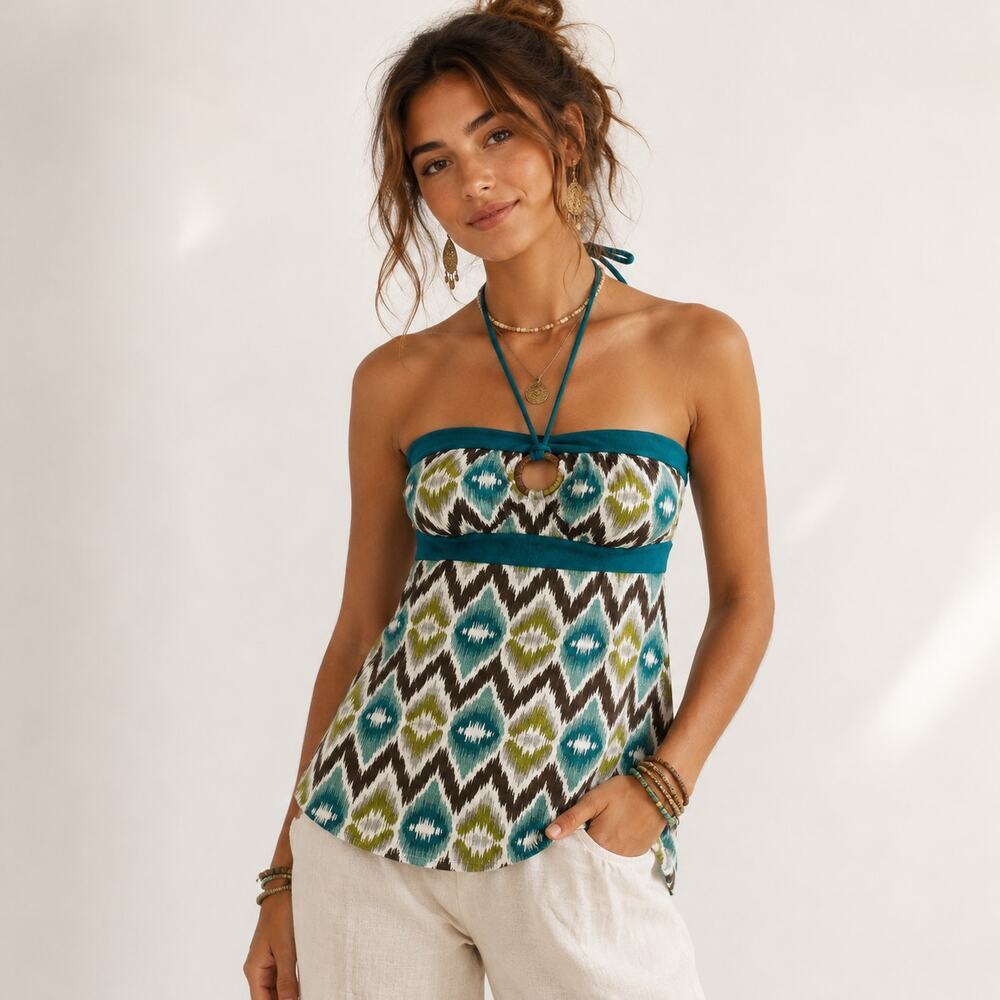 Self Esteem Y2K Halter Top Women Size L Teal Geometric Wooden O-Ring Summer Boho